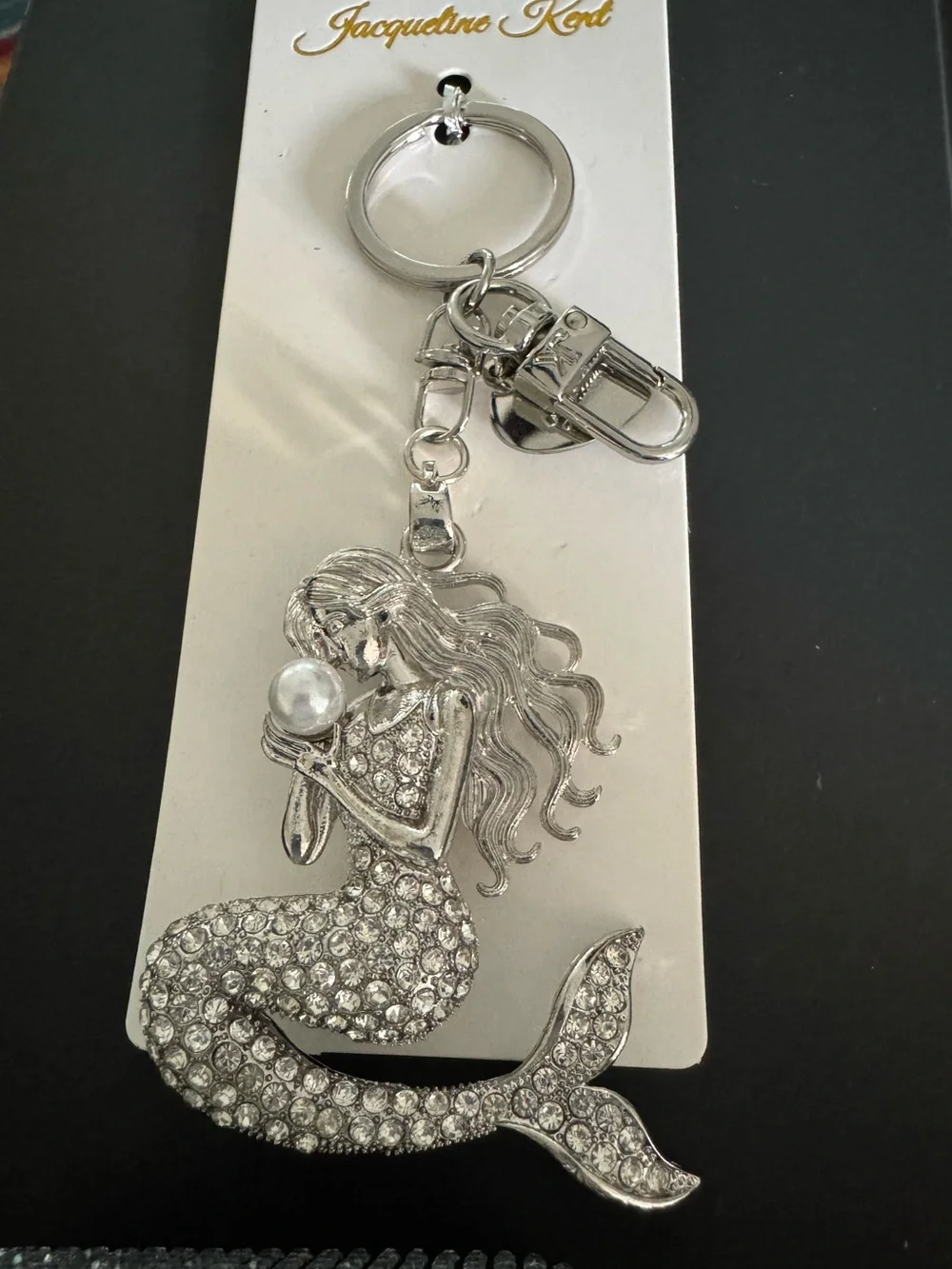 Silver Mermaid Key & Card Holder Charm with Crystal and Pearl Accent